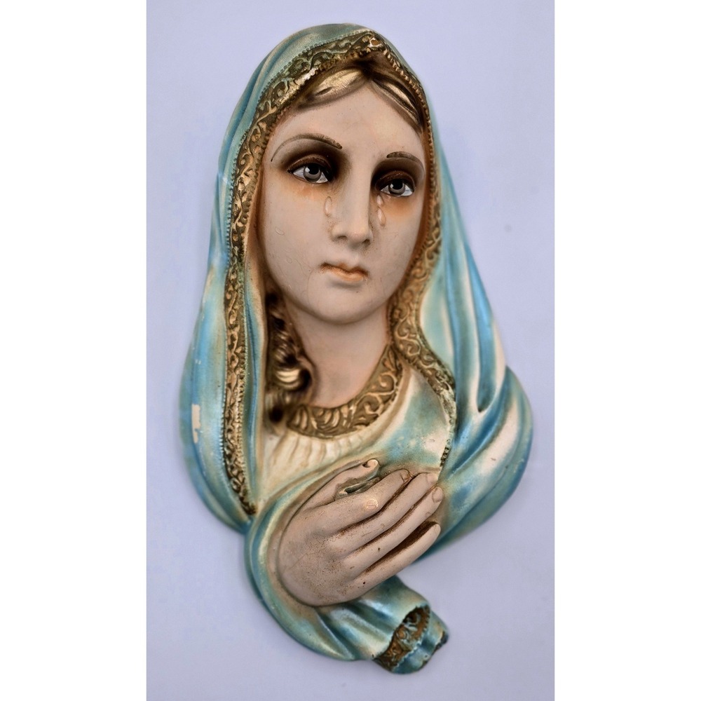 Vintage 1960's Chalkware Virgin Mary Weeping Wall Plaque Our Lady of Sorrows